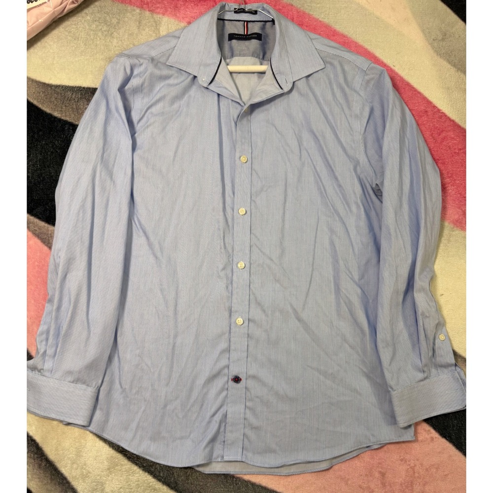 Tommy Hilfiger Mens Slim Fit Wrinkle Free Dress Shirt Blue Stripe 16.5 32/33 L
